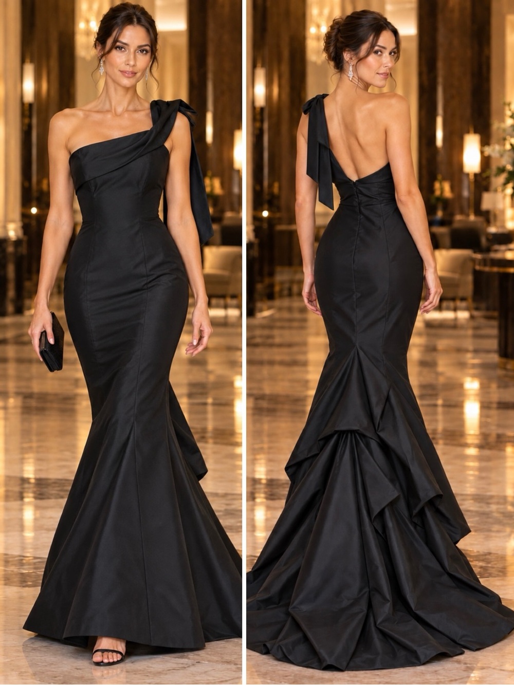 💥Lazaro Black Satin Taffeta One Shoulder Mermaid Fixed Train Gown Sz 10🧡